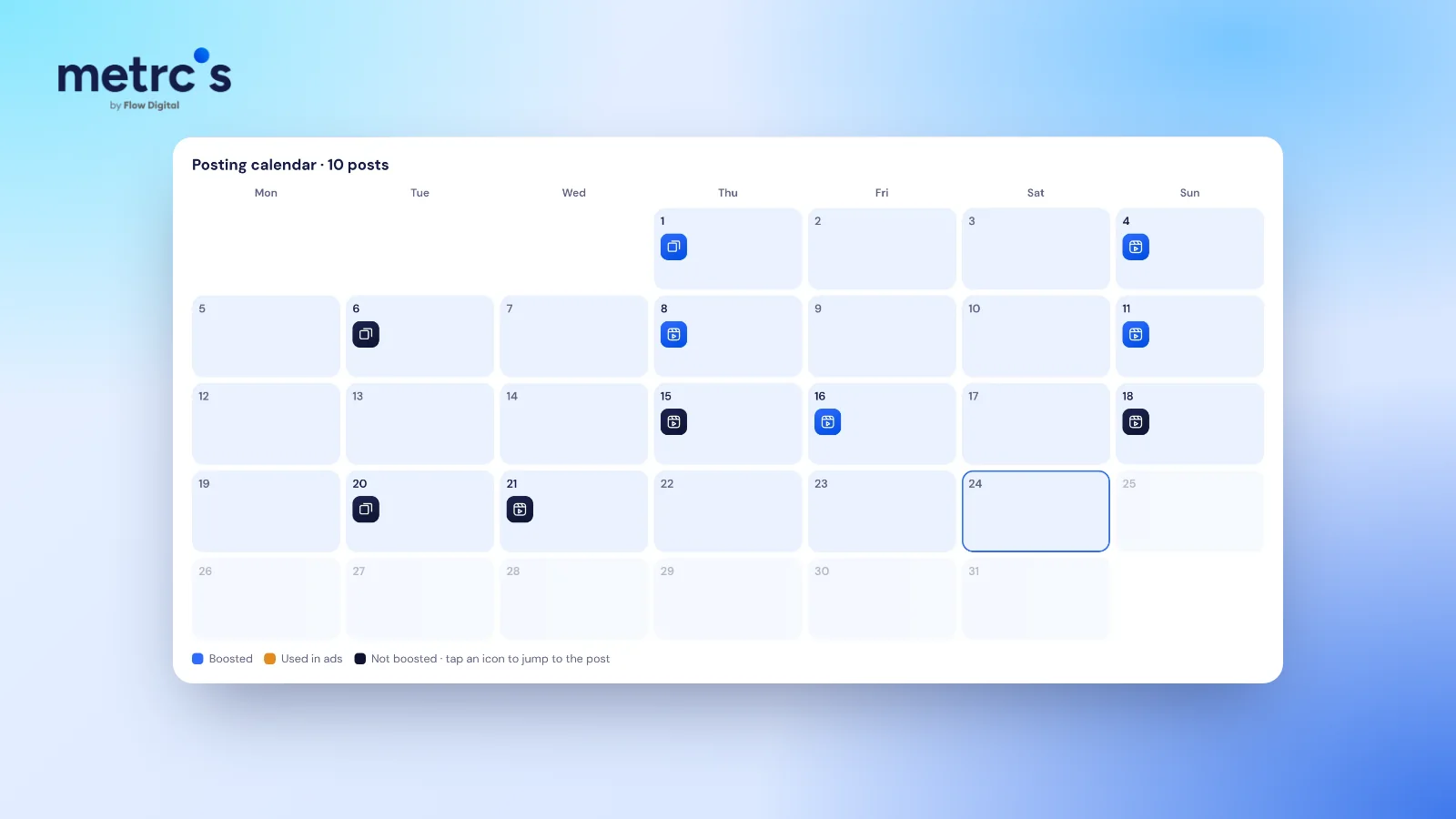 An Instagram posting calendar with likes, comments and boosted posts in the Metrcs dashboard
