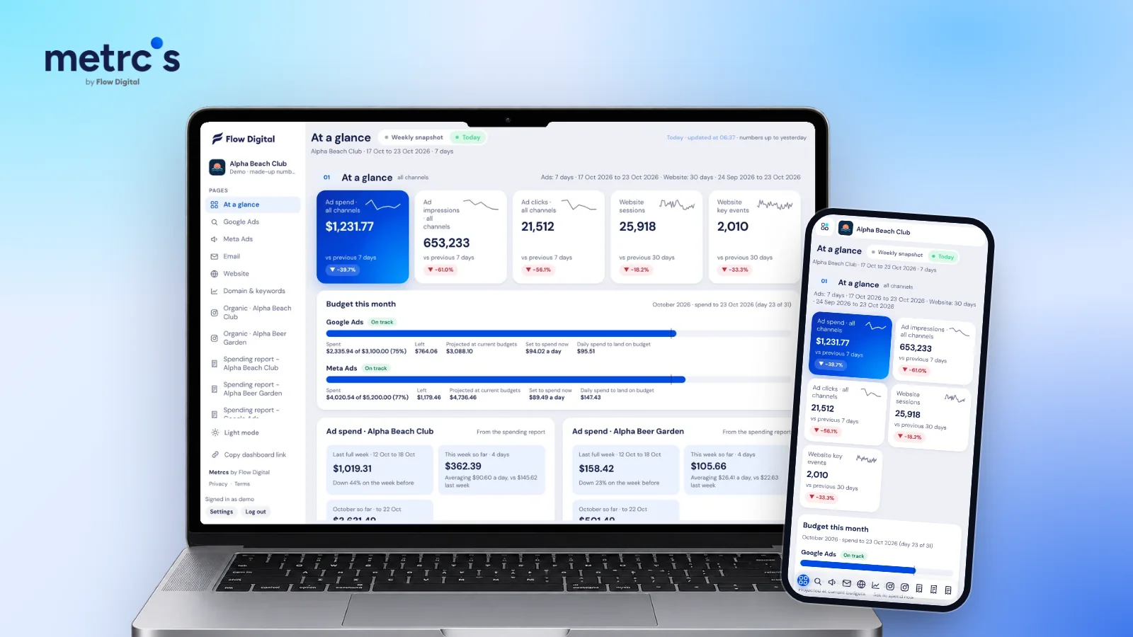 The Metrcs At a glance page showing ad spend, impressions, clicks, website sessions and key events for a demo business