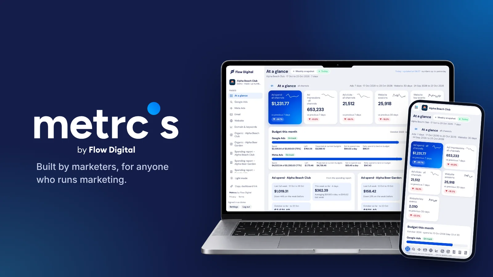 The Metrcs logo with the dashboard shown on a laptop and a phone