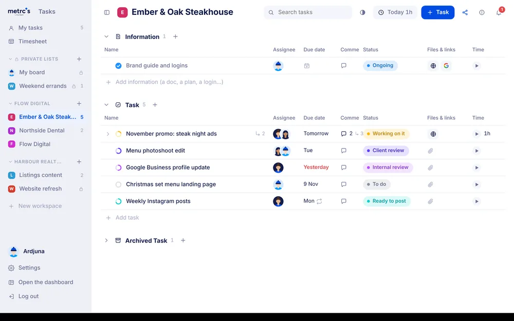 Tasks in Metrcs, shown with a made-up agency