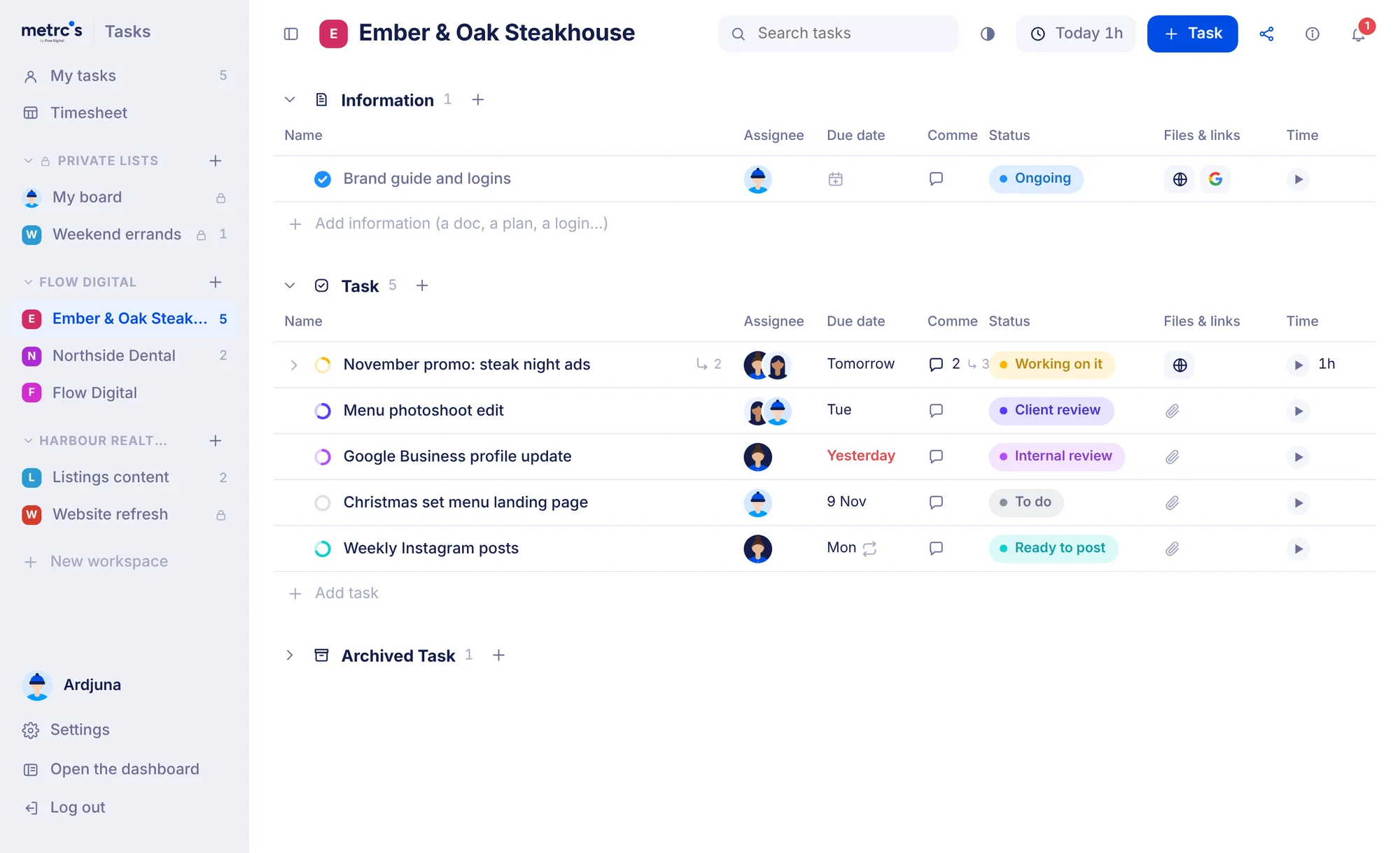A Metrcs Tasks board for a restaurant client, with Information, Task and Archived groups