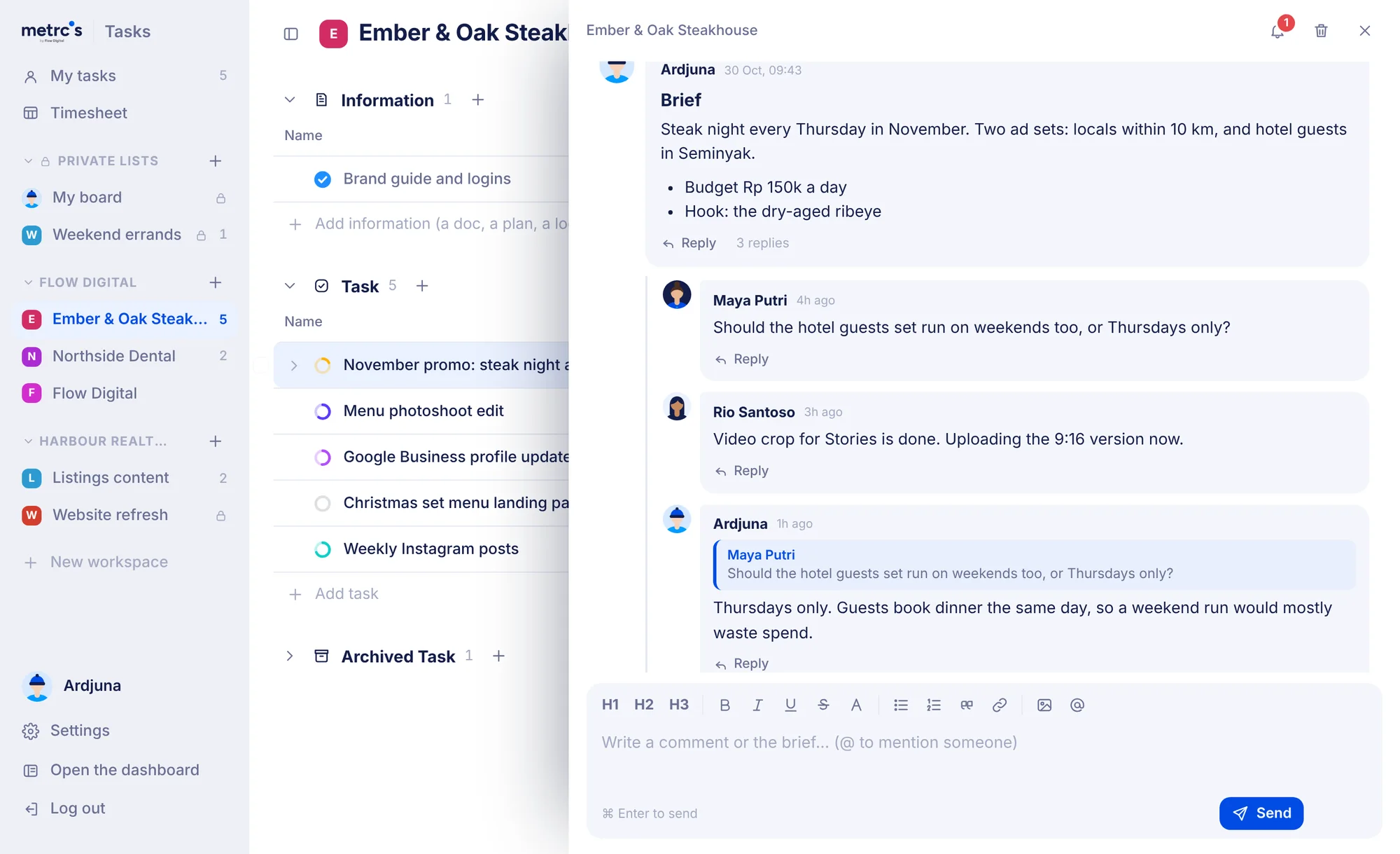 A task with its brief and a reply thread, one reply quoting an earlier message